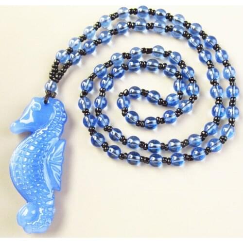 Fashion 1 Strand 38g Carved Blue Jades Seahorse Titanium Crystal Ball Necklace 17.5" for Women Men