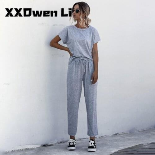 Sports Women Sets Two Piece Summer Tracksuits Jogger Solid Black Short Sleeve Sweatshirt Homewear Trousers Plus Size Sleepwear