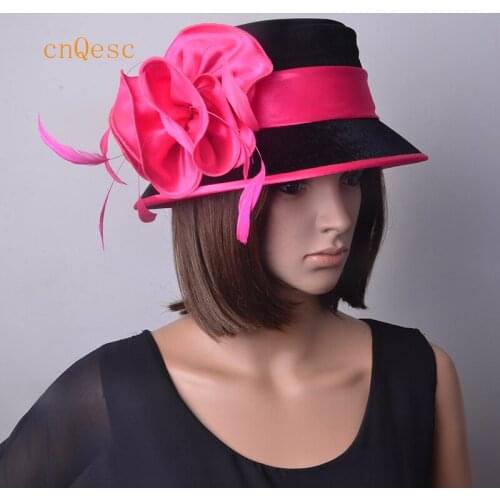 Attractive multiple NEW Hot pink Velvet Hats Satin Kentucky Derby wedding womens hat with feathers.Brim width 7cm.FREE SHIPPING
