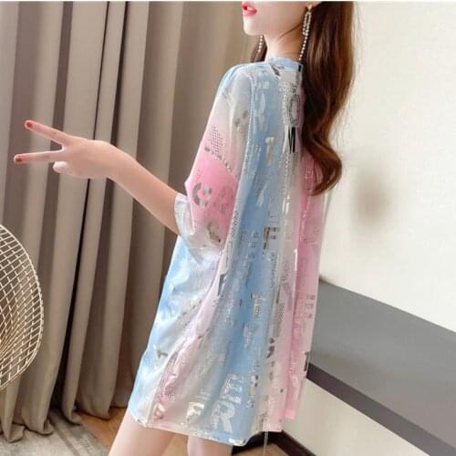 2021 Summer Cotton Loose Shiny Print Medium Length Women Shirts Streetwear Roupas Femininas Tee Shirt Femme Blue Pink Oversized