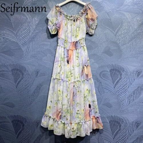 Seifrmann New 2021 Summer Women Fashion Designer Party A-Line Sexy Slash neck Ruffles Beading Floral Print Cotton Long Dresses