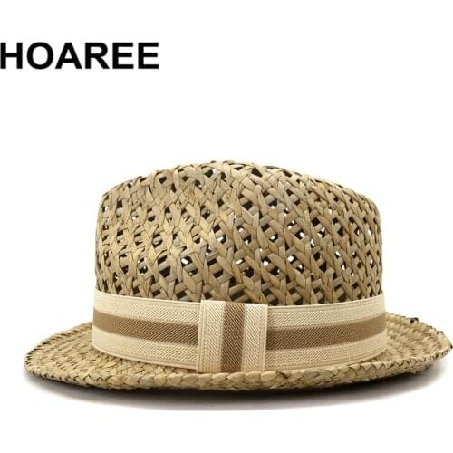 HOAREE Men Women Straw Sun Hat British Style Trilby Hat Summer Beach Hand Knitting Hollow Out Casual Unisex Porkpie Jazz Hat