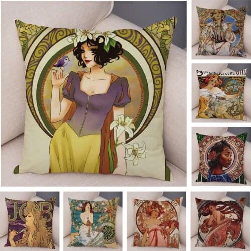 Vintage European Nouveau Mucha Gallery Cushion Cover Decor Beautiful Girl Pattern Short Plush Pillowcase for Sofa Pillow Case