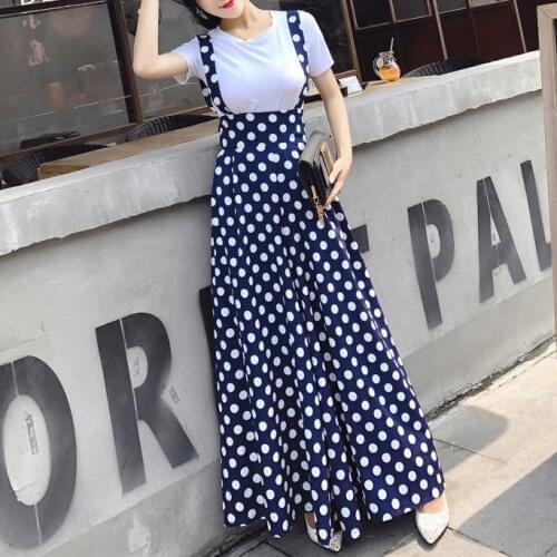 Plus size 2XL!Women Summer Casual t-shirt+ polka Dot nt Women High Waist Strap Wide Leg Pants sets