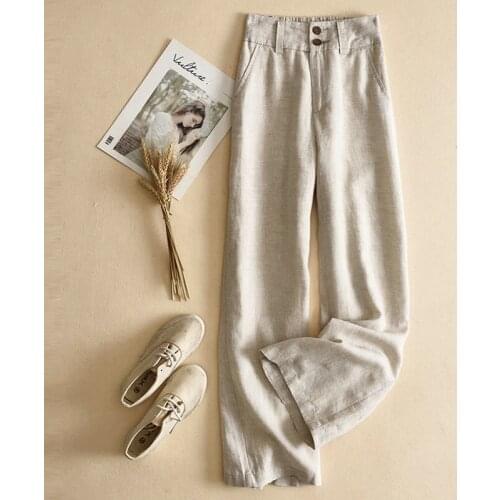 Womens Cotton Linen Pants Elastic High Waisted 2021 Summer Satin Wide Leg Pants Casual Large Size Loose Solid Long Trousers W8