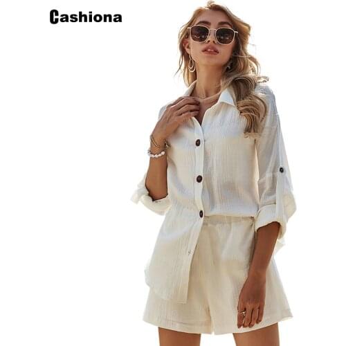 2021 Summer Women Tracksuit set Long Sleeve Blouse Lace-up Shorts Ladies Elegant Two Piece Outfit Femme Cotton Linen 2Pcs sets