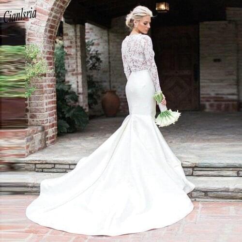 Vintage High Neck Long Sleeve Lace Mermaid Wedding Dress Illusion Floral Appliques Satin Skirt Bridal Gown Vestido De Novia