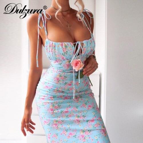Dulzura Floral Print Women Strap Maxi Dress Lace Up Bandage Bodycon Backless Sexy Streetwear Party Elegant 2020 Autumn Winter