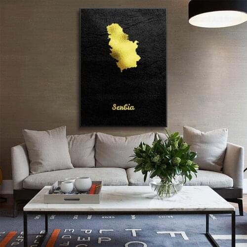 Golden Map Serbia Canvas Wall Art Print Modern Poster Wall Pictures Living Room Decor
