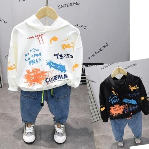 Toddler Boys Clothing Set Fashion Casual Children Autumn Suits Colorful Letter Print Hooded Sweatshirt Denim Pant 2pcs For Boy