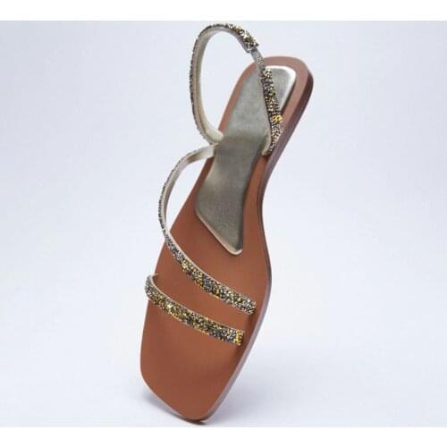 2021 Sandals Ladies Shoes Summer Suit Female Beige Large Size Womens Heels Square Toe New Black Pearl Elastic Band Flat Big Gir