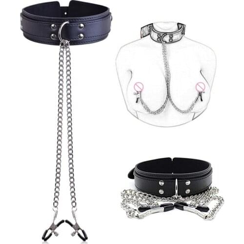 BDSM Bondage Leather Choker Neck Collar Nipple Breast Clamp Clip Chain SM Restraints Sex Toys For Women Couples Sex Products