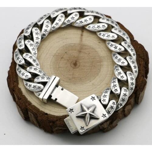 15mm width Real 925 Sterling Silver Lucky Star men women lovers' Punk Rock Link chain bangle Bracelet jewelry gift A4476