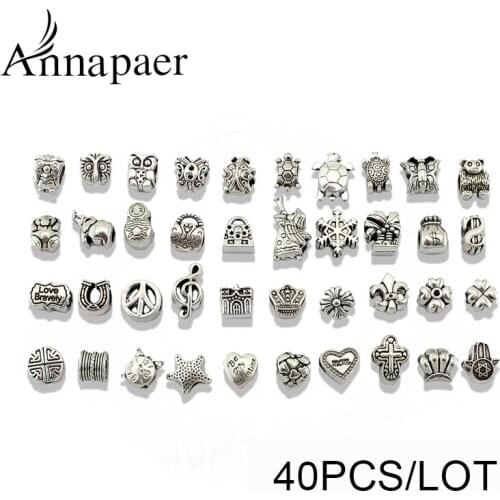 Creative Designs 40pcs/Lot Mix Style Alloy Bead DIY European Big Hole Beads Fits Charm Bracelets Pandora Pendants Jewelry