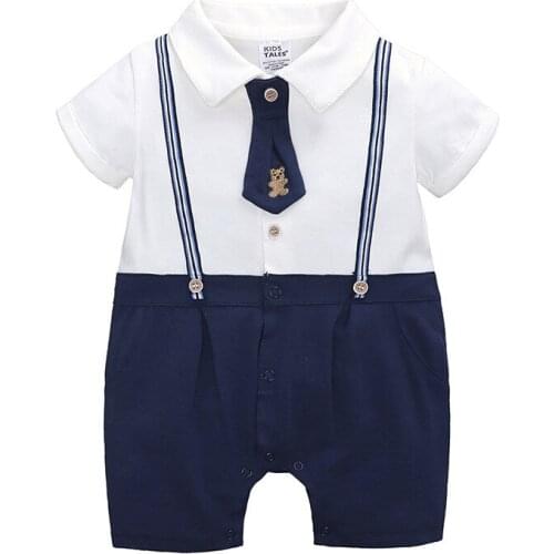 Baby Boys Rompers Newborn Summer Cotton Infant Costumes Clothes Tie Short Sleeve Kids' Clothing Navy One Piece
