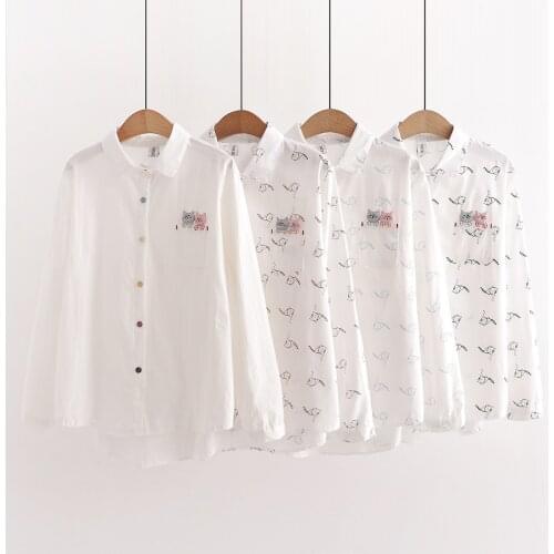 Korean Colorful Button Pocket Cat Decorative White Shirt Women 2021 Spring Autumn Preppy Style Print Casual Blouses Sweet Tops