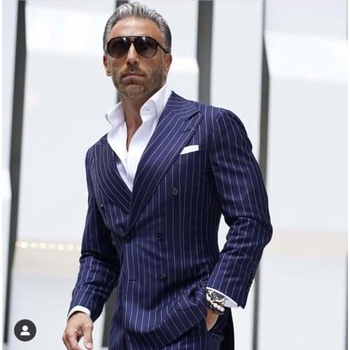 2021 Wedding Suits For Men Business Blazer Double Breasted Navy Blue Stripe Men Suit Pants Terno Tuxedo Slim Fit Costume Homme