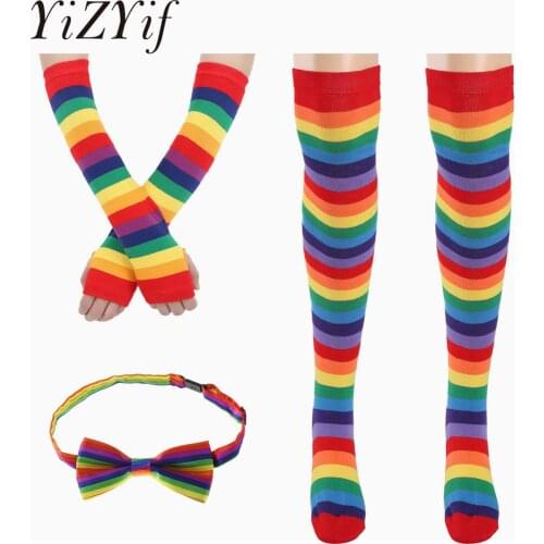 New Colorful Rainbow Stockings Thigh Knee Socks Warm Striped Arm Warmer Gloves Bow Tie Set Christmas Gifts Women Cosplay Costume