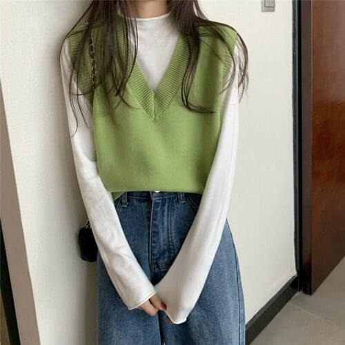 2021 Autumn New Solid Color Sweater Vest Women Harajuku All-match Casual Knitted V-neck Sleeveless Pullover