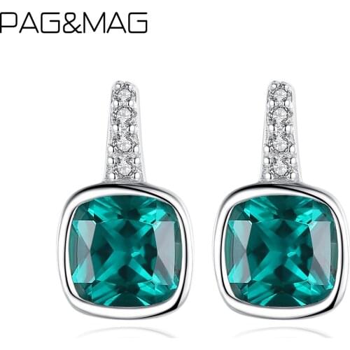 PAG&MAG 925 Sterling Silver Square Emerald Topaz Stud Earrings Simple Gemstone Earrings Fashion Jewelry Wedding Christmas Gift