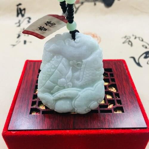 Zheru pure natural Jadeite carved light green lotus fish pendant with green bead sweater chain Send A certificate