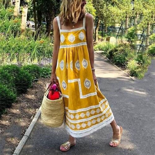 Richkeda Store New 2021 Dresses Women Summer Fashion Boho Print Beach Casual Loose Holiday Dress Strap Big Swing Maxi Dress