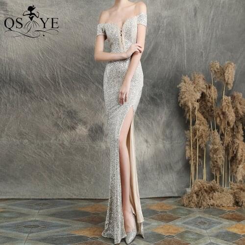 Silver Mermaid Evening Dresses Side Sleeves Sequin Prom Gown Beading Straps Long Party Dress Glitter Sexy Split Fit Formal Gown
