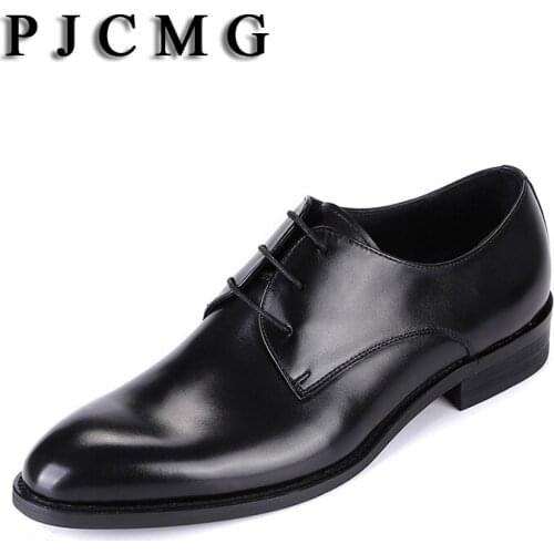 PJCMG High Quality Pointed Toe Genuine Leather Lace-Up Solid Casual Black Wedding Men Flats Buckle Oxford Dress Oxfords Shoes