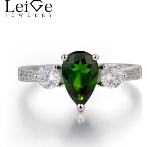 Leige Jewelry Pear Cut Green Gemstone Natural Chrome Diopside Ring Engagement Ring 925 Sterling Silver Ring Three Stones Ring