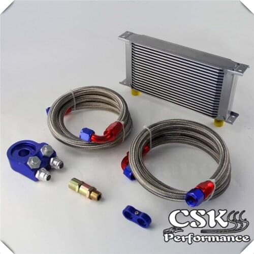 Universal 19 Row 248mm AN10 Engine Transmission Oil Cooler British Type + Aluminum Filter Adapter Kit Blue