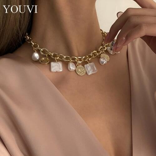 YOUVI Goth Thick Chians Choker Necklace for Women Men Geometric Pearl Portrait Pedant Necklace Jewelry Elegant Party Collar