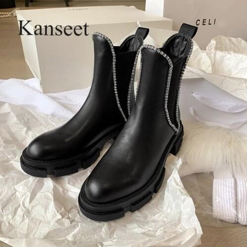 Kanseet Women Ankle Boots 2021 New Autumn Rhinestone Genuine Leather Chunky Heels Shoes Round Toe Mid Heels Black Short Boots 40