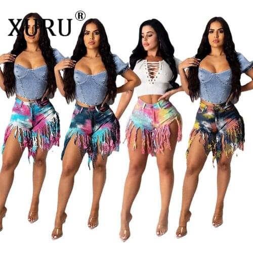 XURU European and American Womens High-waisted Distressed Jeans Frayed Fringed Tie-dye Denim Shorts Sexy Club Party Jeans