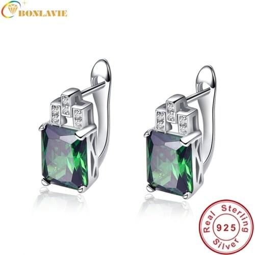BONLAVIE 1 Pair Russian Emerald Earrings Clip 925 Sterling Silver Ear Studs Green Gem Stone Ear Buckle Earrings Women Jewelry