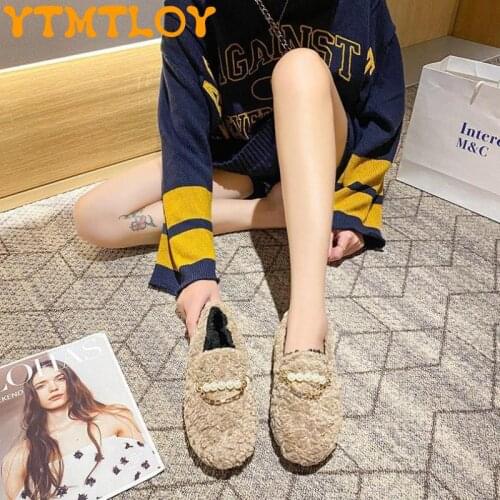 2021 ladies warm plush metal beaded winter shallow flat casual fashion lazy shoes 35-40
