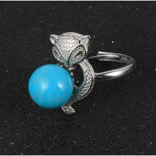 Women Trendy Animal Fox Silver Plated Rings 2020 Female BOHO Natural Stone Turquoises Opal Onyx Beads Adjustable Joint Ring