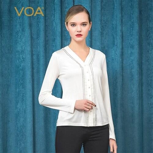 VOA 33m/m Silk Black White Double-sided Organza Pearl Buckle Elastic Soft Sweater B39 Befree Harajuku Tshirt T Shirt Women