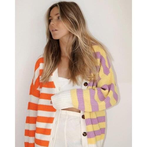 Foridol Striped Patchwork White Black Cardigans Women Sweater Button Up Casual Office Loose Orange Cardigan Autumn Winter