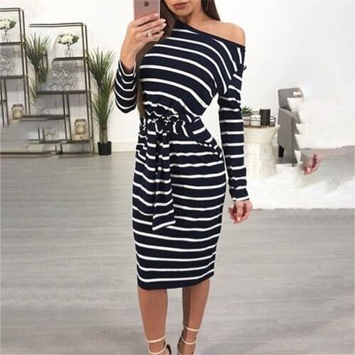 Womens Long Sleeve Stripe Party O Neck Bandage Bodycon Dress Summer Casual One Shoulder Knee Length Dresses