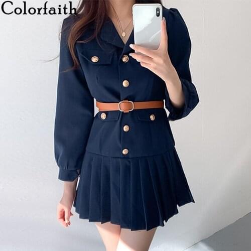 Colorfaith New 2020 Autumn Winter Women Dresses Vintage Buttons With Belt Korean Style Elegant Pleated Lady Mini Dress DR1195