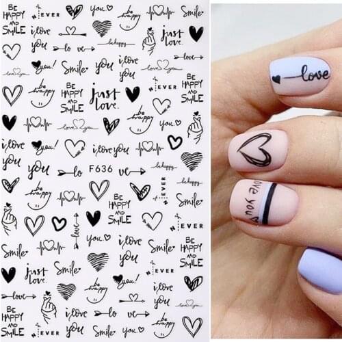 1pcs 3D Nail Sticker Black Heart Love Self-Adhesive Slider Letters Nail Art Decorations Stars Decals Manicure Accessories