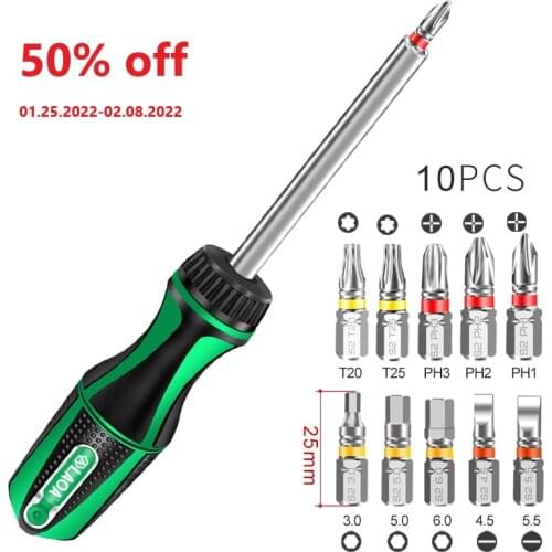 LAOA 10 in 1 Multifunctional Quick Ratchet Screwdriver Phillips/Slotted Torx Screwdriver Hexagon Set 10 Bits Made In Taiwan