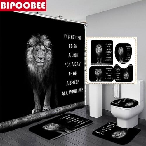 African Black Lion Majestic Brave King Shower Curtains Sets with Hooks Non-Slip Rugs Toilet Cover and Bath Mat Bathroom Curtain