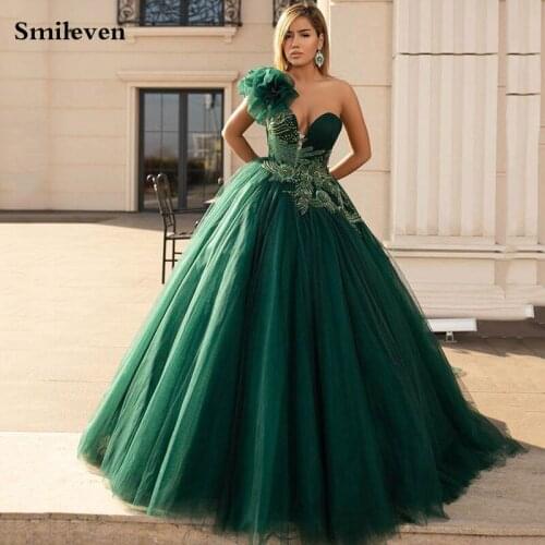 Smileven Puff Tulle Dark Green Flowers Evening Dress Ball Gown One Shoulder Vestido de festa longo Lace Party Evening Gowns