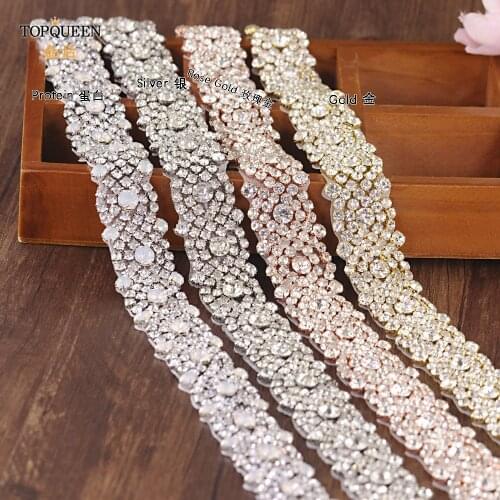 TOPQUEEN S28B Handmade Bridal Crystal Trim Handmade Opal Shiny Rhinestone Applique DIY Iron On Wedding Dress Belts Patch