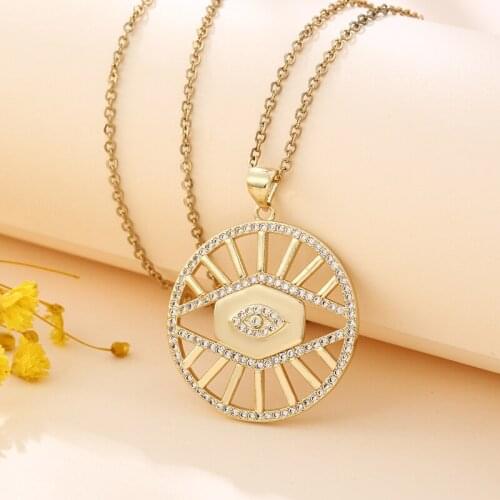Stainless Steel Chain Copper Plated Gold Devil Eye Disc Pendant Necklace For Women Charm Female CZ Jewelry Gift