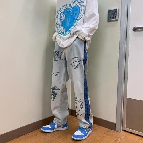 HOUZHOU Korean Streetwear Anime Print Baggy Jeans Women Harajuku Hippie Oversize White Wide Leg Pants High Street Loose Trousers