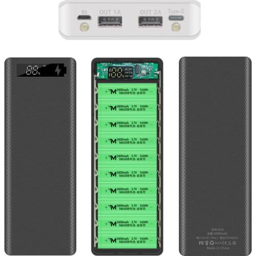 30000mAh Micro Type C Dual USB Ports DIY Powerbank Case 10*18650 Battery Digital Display Power Bank Kit External Charge Box