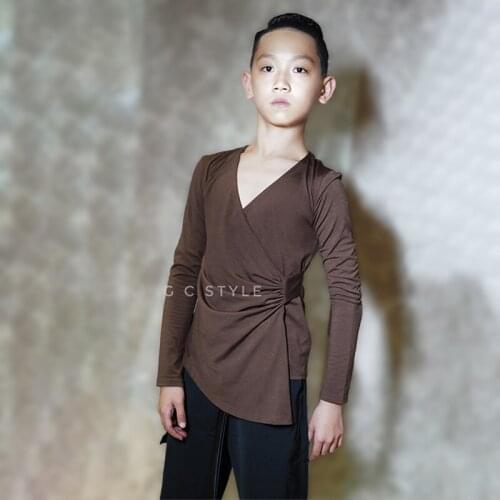 Brown Latin Dance Tops Boys Samba Costume Long Sleeve Tango Dancewear Stage Costume Modern Dancing Outift Cha Cha Clothes JL3307
