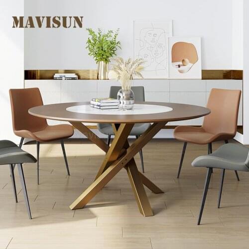 American Rural Pastoral Style Solid Wood Circle Dining Table With Marble Turntable Light Luxury Rock Slab Dining Table For Hotel